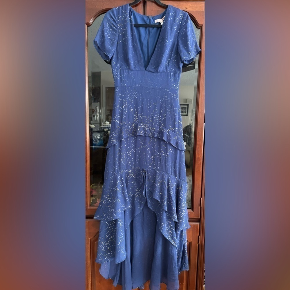 Hutch Tate Blue and gold speckle ruffle layered maxi dress - Picture 3 of 6